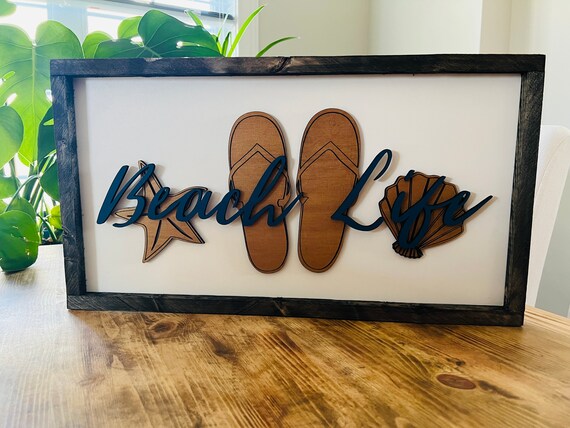 Beach Life Script Flip Flops Starfish Shell Sign Style Poster