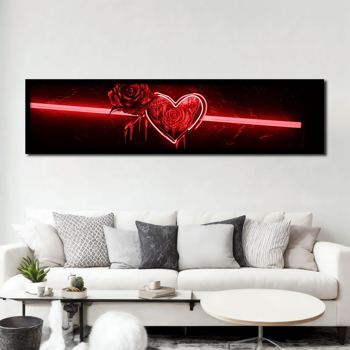 Red Neon Heart and Rose Romantic Panoramic Modern Wall Art Poster - Image 3