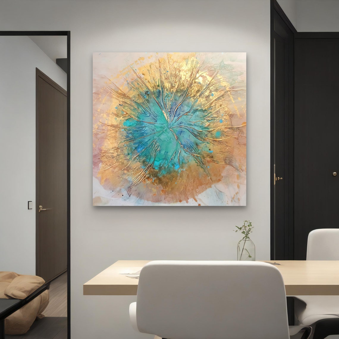 Radiant Gold Turquoise Burst Textured Abstract Dynamic Art Print - Image 4
