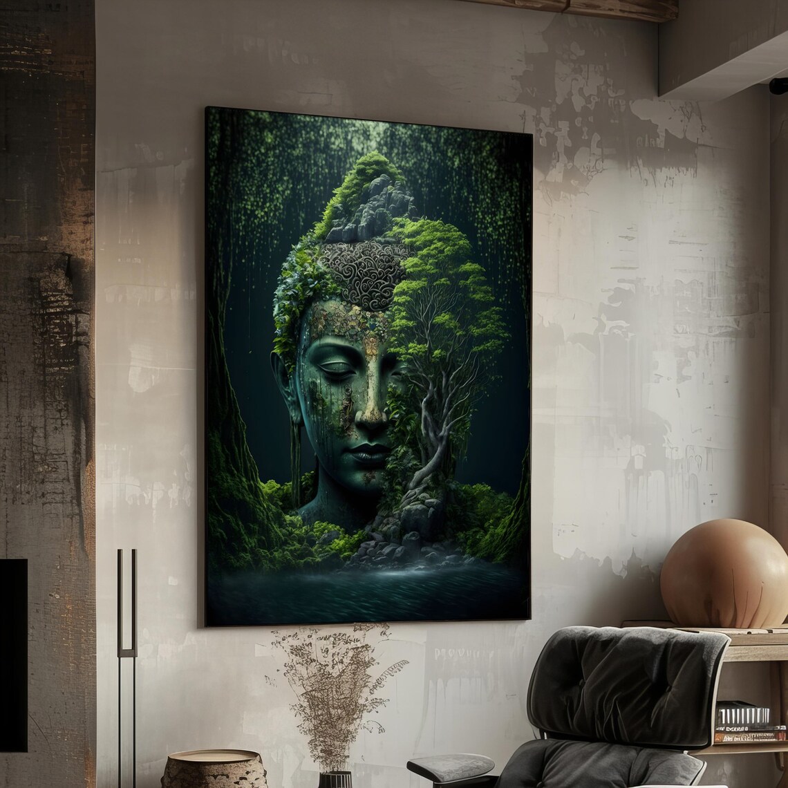 Buddha Head Overgrown With Jungle Trees Zen Meditation Nature Art Poster