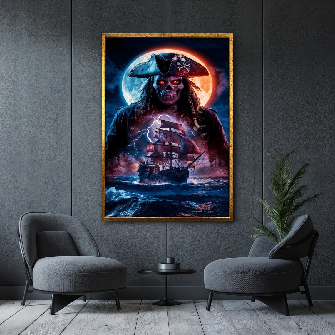 Haunting Pirate Skull Ghost Ship Full Moon Lightning Dark Nautical Poster - Image 4