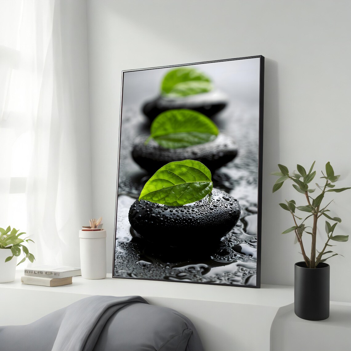 Zen Spa Stones Black Pebbles Green Leaves Calm Meditation Photo Poster