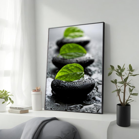 Zen Stones With Green Leaves Painting Zen Spa Stones Wall Art Meditation Room Decor Relax Home Decor Ready To Hang Nature Art