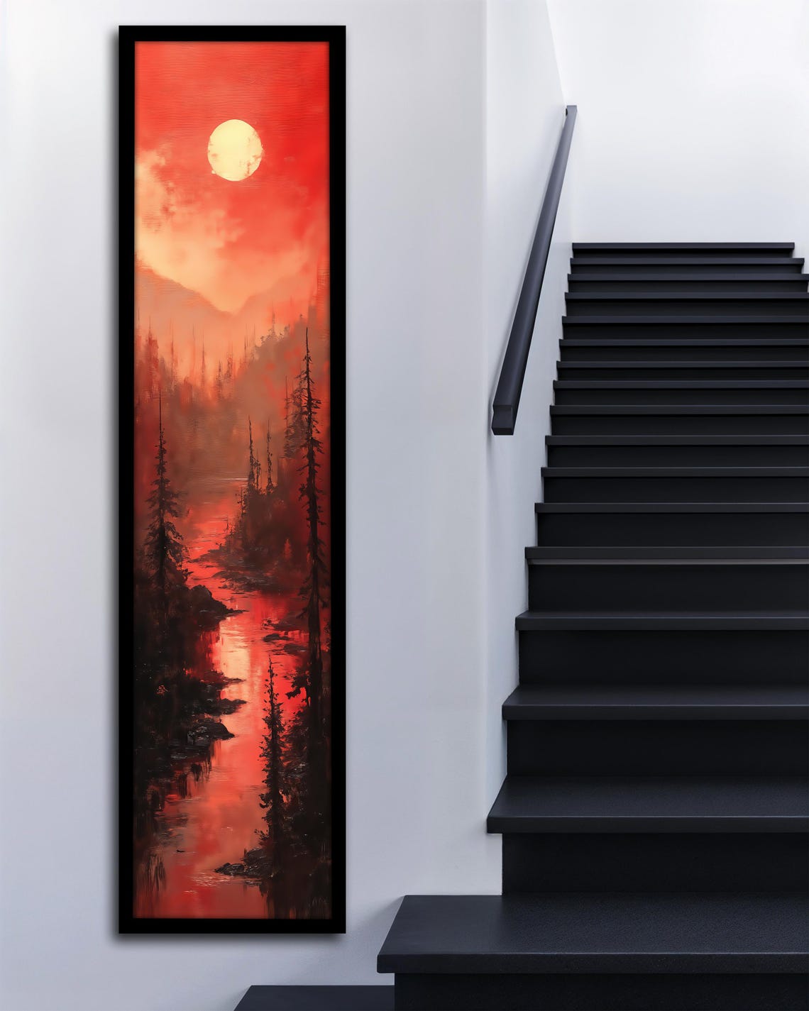 Red Moon Pine Forest Lake Reflection Surreal Vertical Landscape Poster - Image 3
