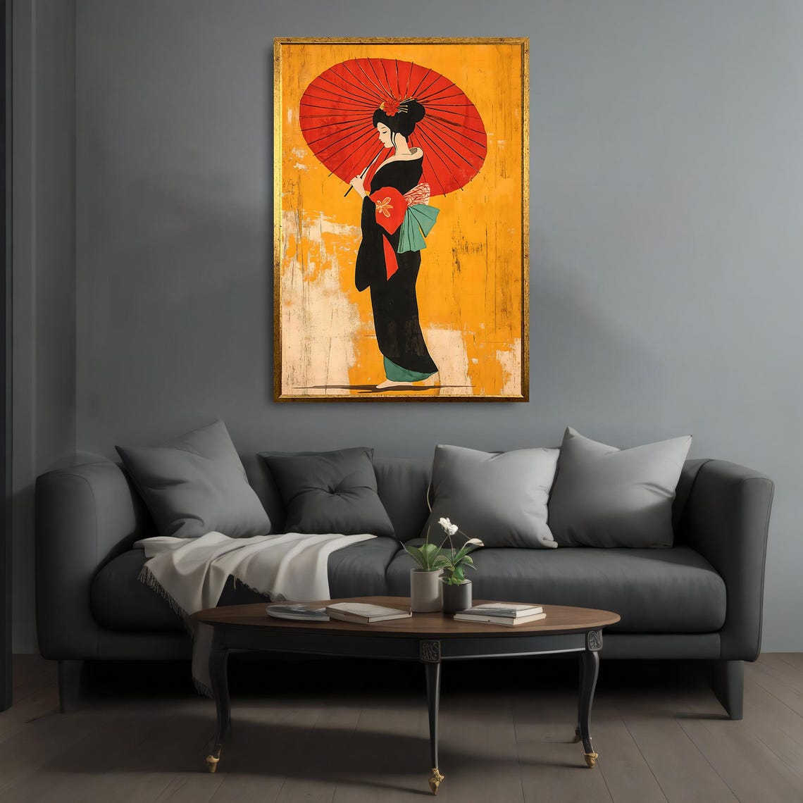 Elegant Geisha Red Parasol Golden Japanese Style Wall Poster - Image 4