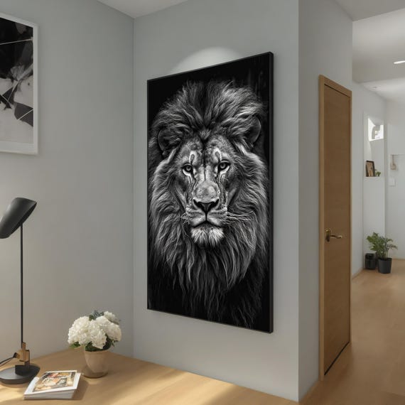 Majestic Black And White Lion Painting Bold Animal Portrait Wall Decor Lion Art Print Framed Lion Artwork Unique Gift