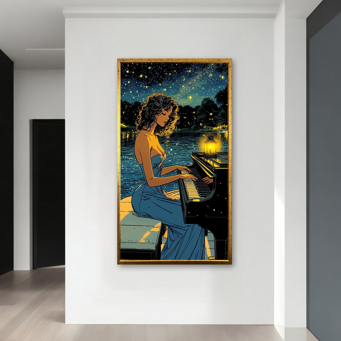 Woman Playing Grand Piano by Moonlit Lake Starry Night Music Art Poster - Image 4