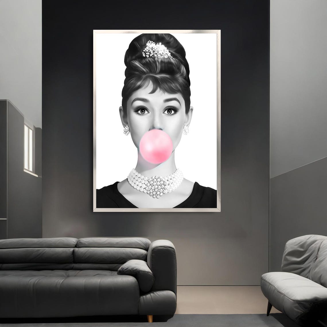 Audrey Hepburn Blowing Pink Bubblegum Pop Portrait Black White Poster - Image 3