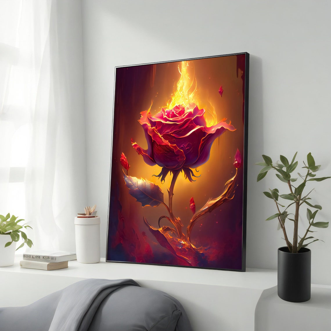 Burning Pink Rose Glowing Fire Flower Dark Romantic Floral Art Poster