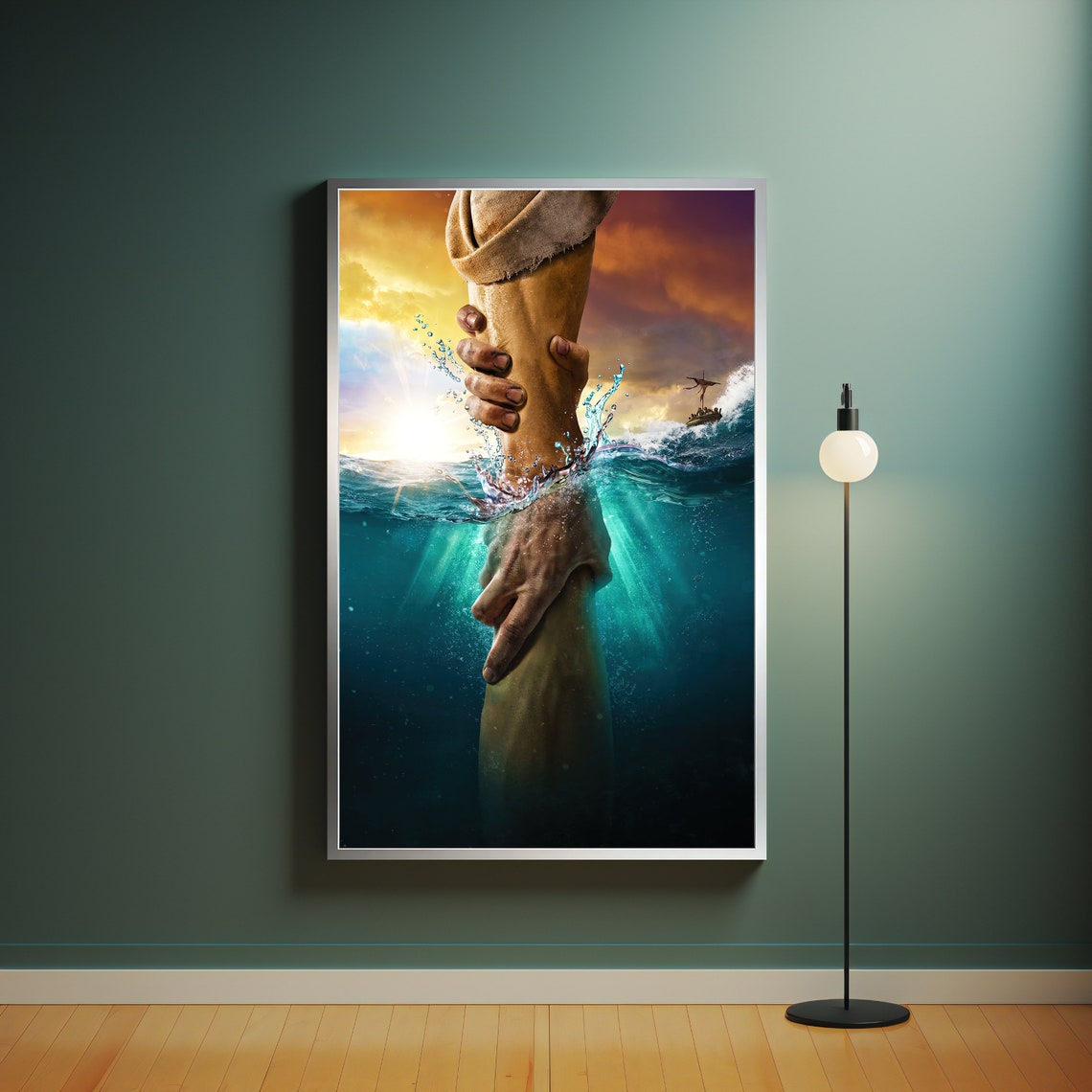 Jesus Reaching Hand Over Stormy Sea Christian Faith Wall Art Poster - Image 4