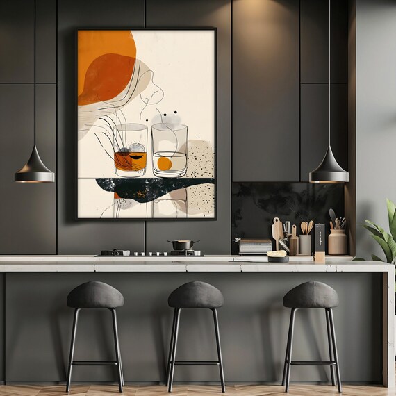 Abstract Whiskey Glasses Minimalist Line Art Bar Kitchen Wall Decor Poster