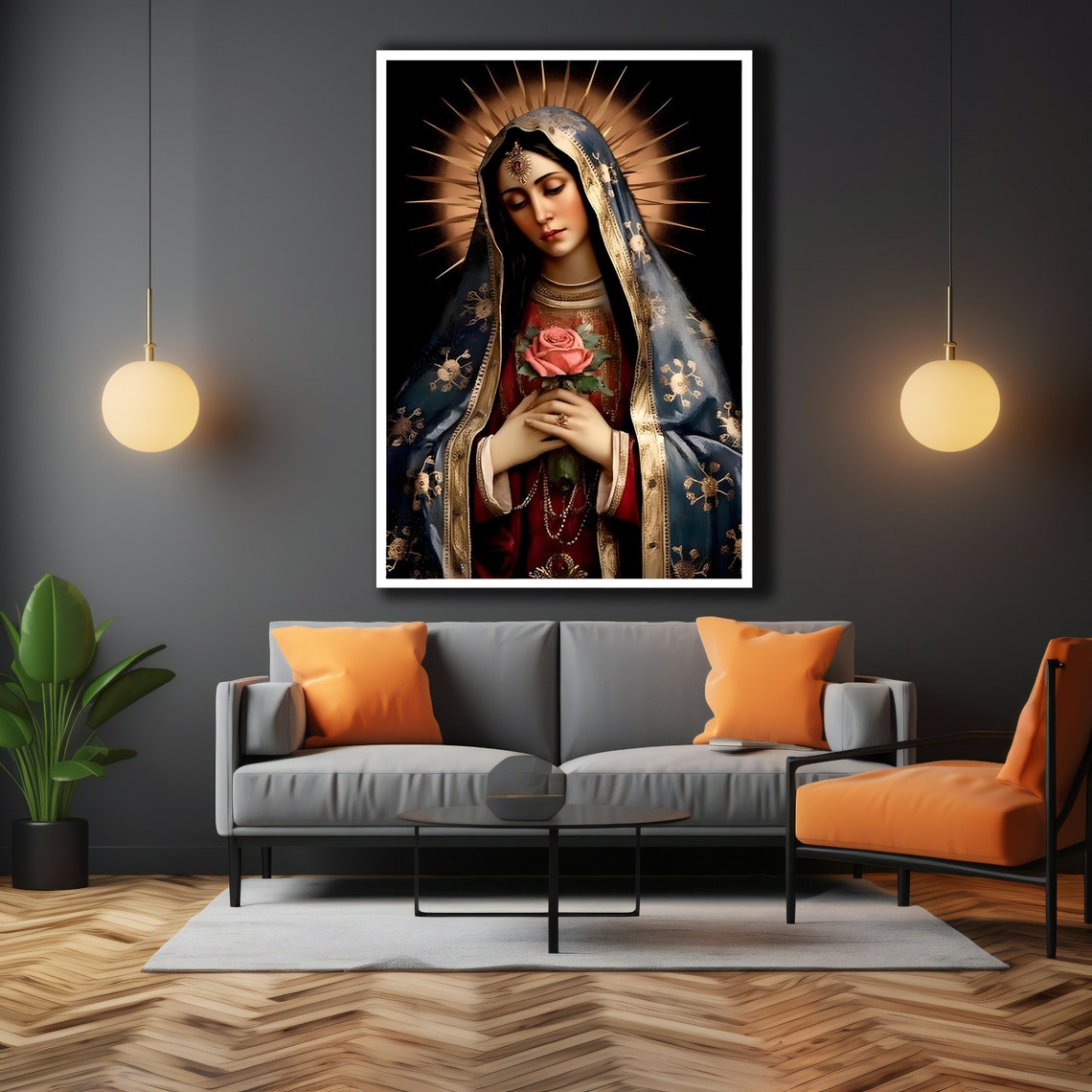Virgin Mary With Rose Golden Halo Religious Devotion Art Print - Image 3