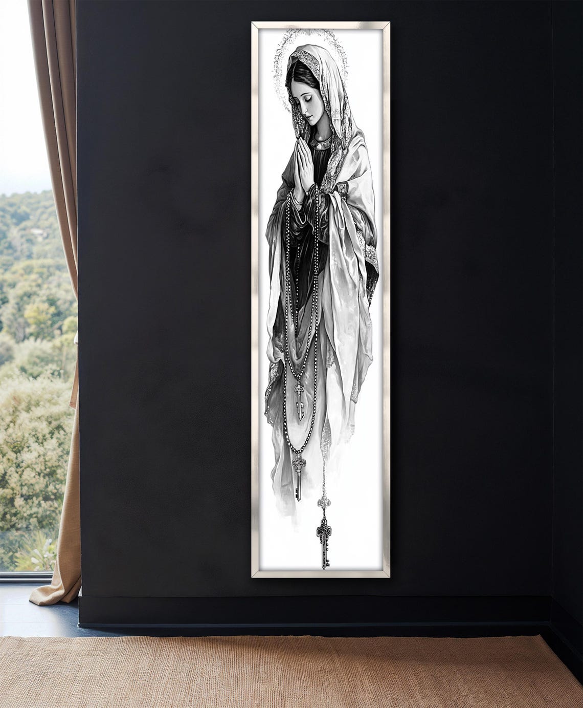 Virgin Mary Praying Rosary Black White Religious Vertical Art Poster - Image 4