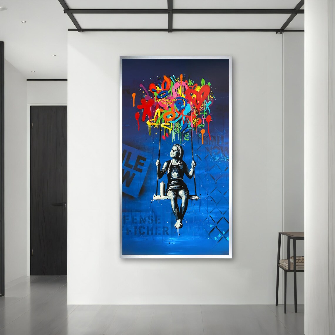Girl On Swing With Colorful Graffiti Balloons Urban Street Art Blue Poster - Image 3