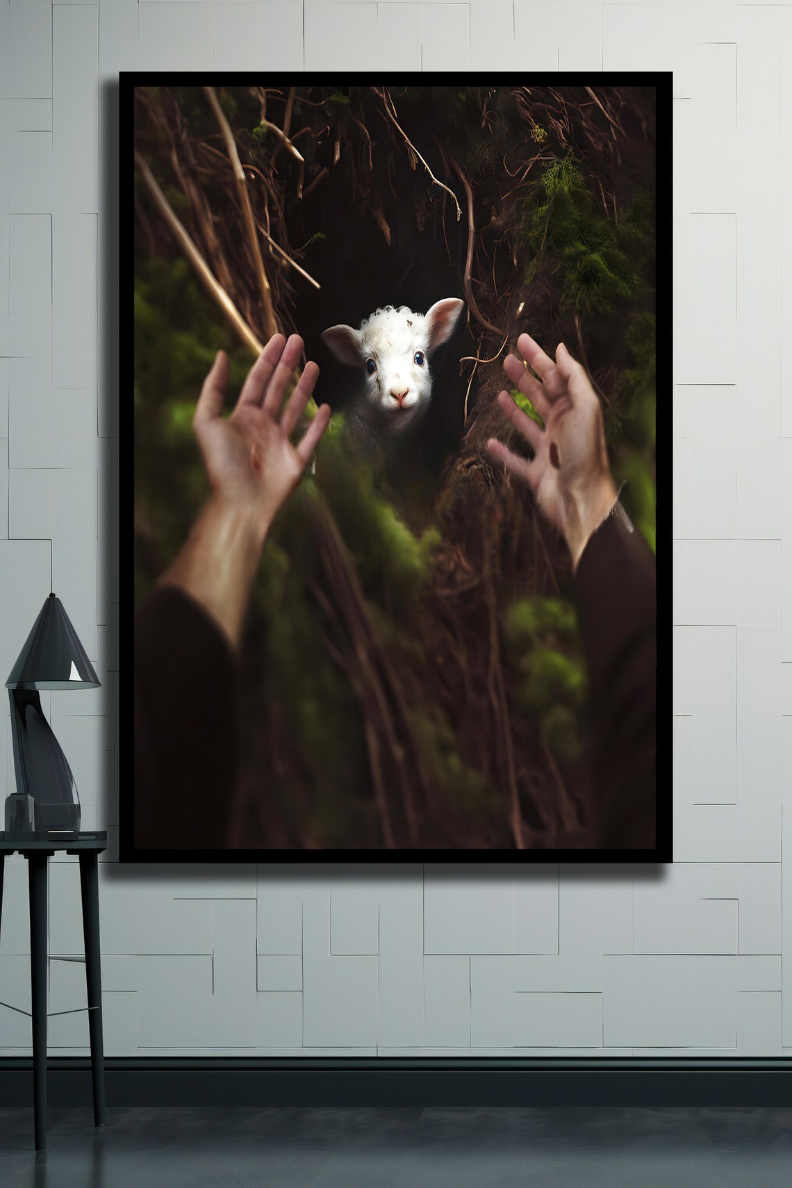 Reaching Hands Rescuing Lost Lamb From Darkness Christian Art Print - Image 2