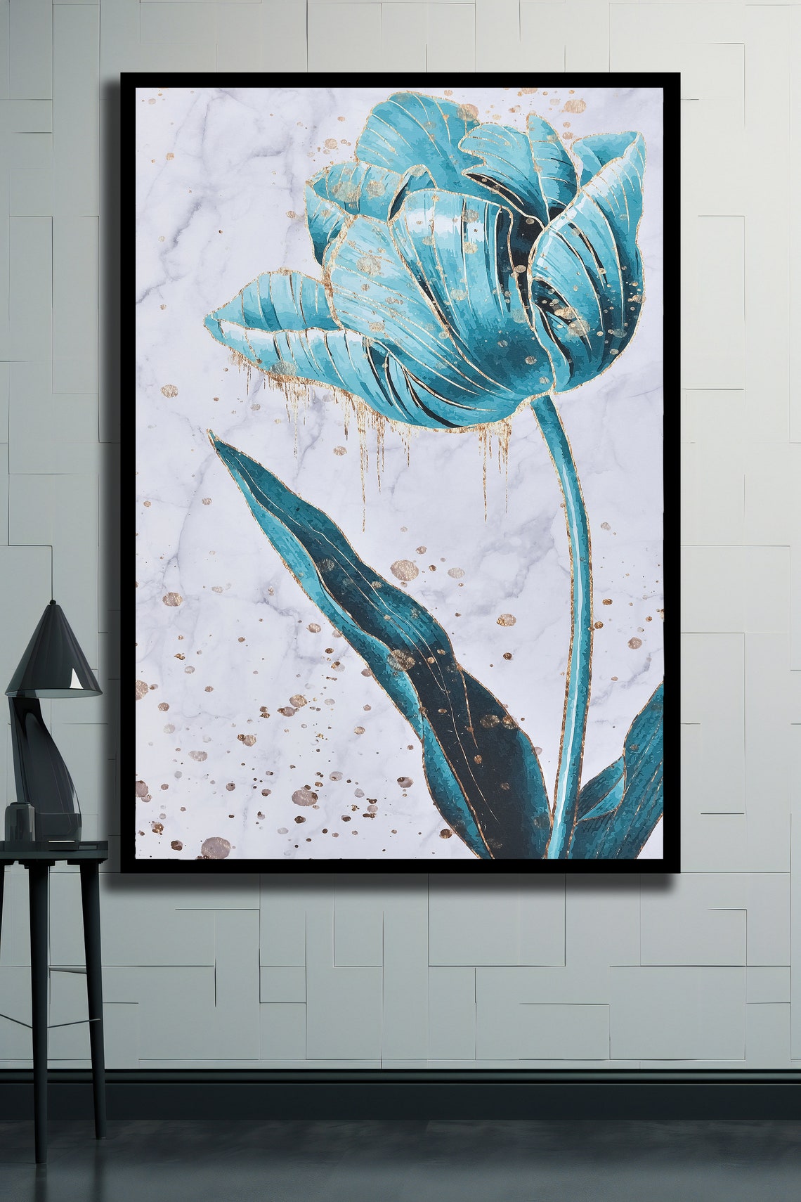 Teal Tulip With Gold Splatter on Marble Elegant Blue Floral Wall Art - Image 2