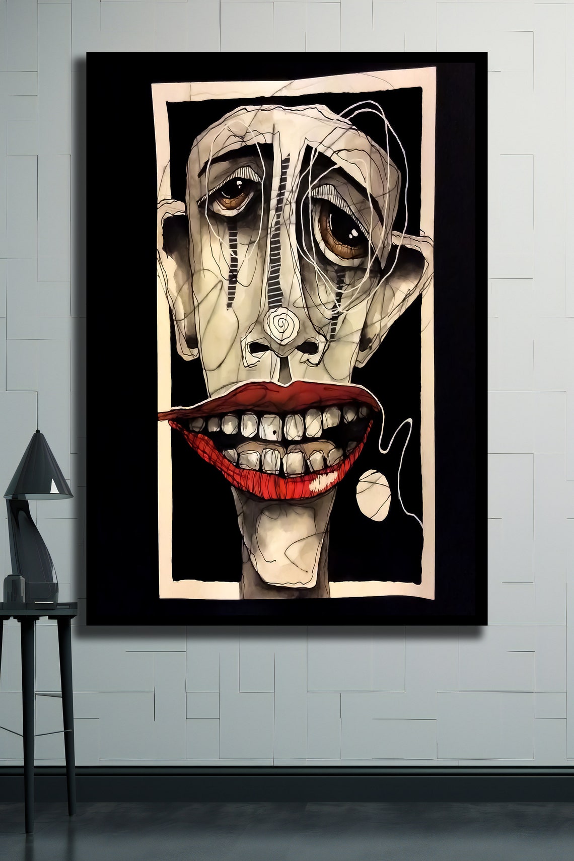 Abstract Expressionist Face Red Lips Ink Line Modern Art Poster - Image 2