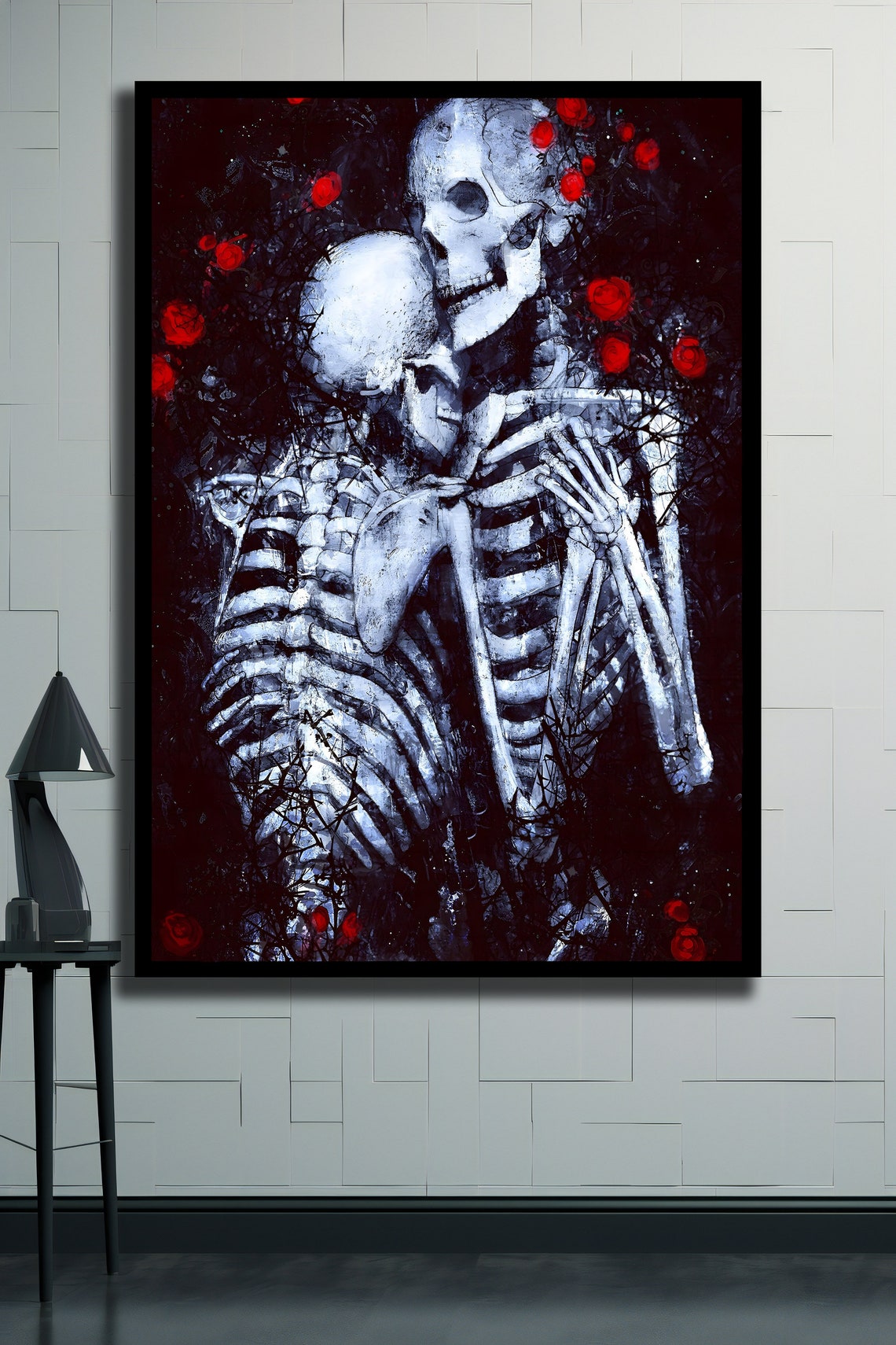 Skeleton Lovers Embracing Among Red Roses Dark Gothic Romance Wall Art - Image 2