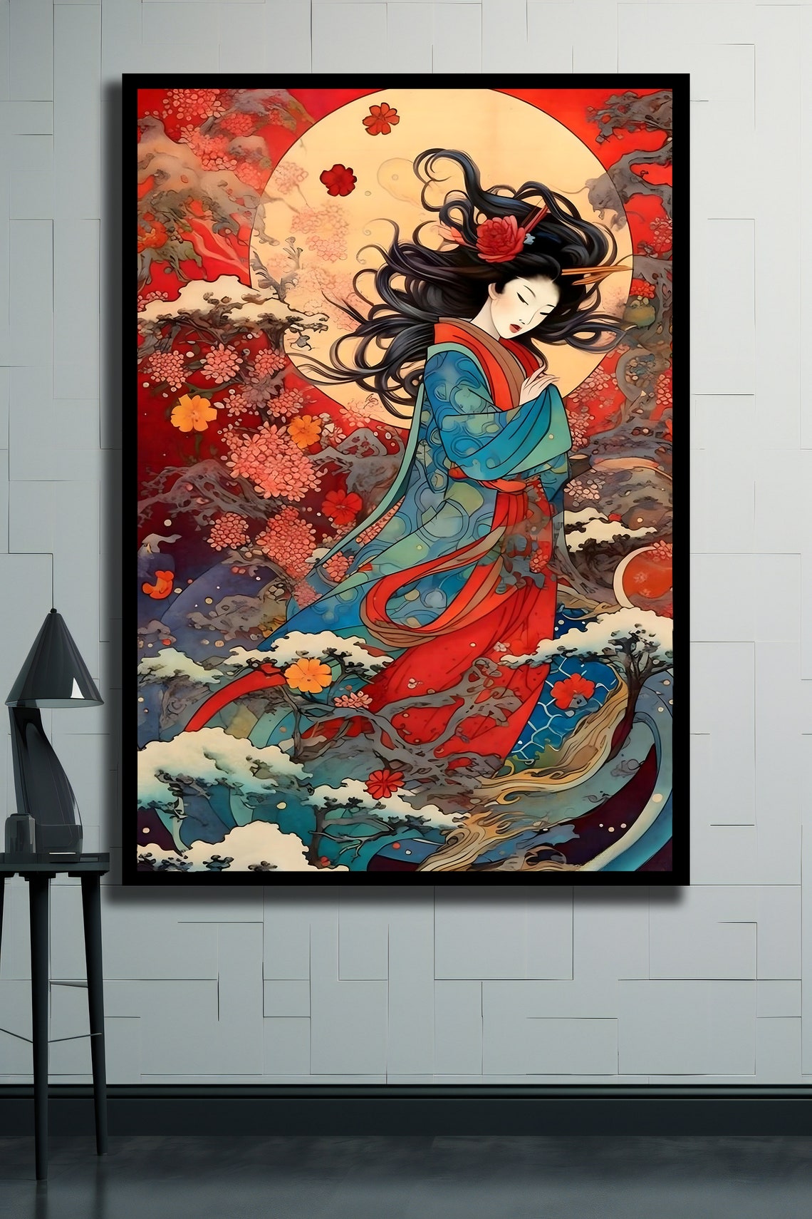 Japanese Woman in Blue Kimono Red Moon Cherry Blossom Wave Art Poster - Image 2