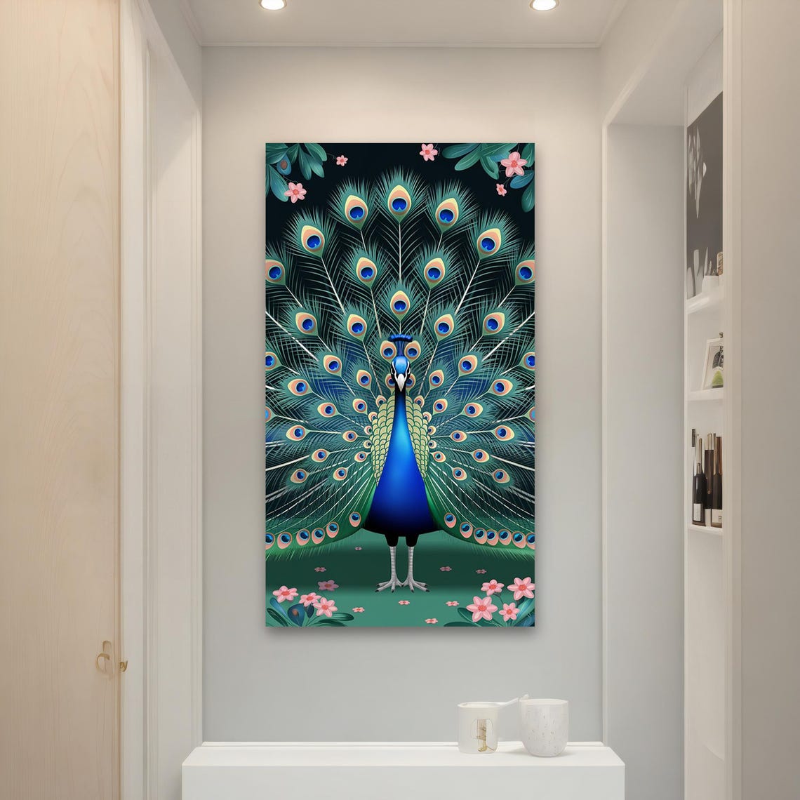 Peacock with Fanned Tail Among Pink Blossoms Dark Green Art Poster - Image 4