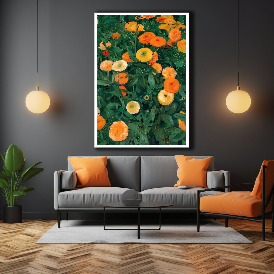Vibrant Orange Marigold Flower Field Vintage Floral Art Wall Poster - Image 3