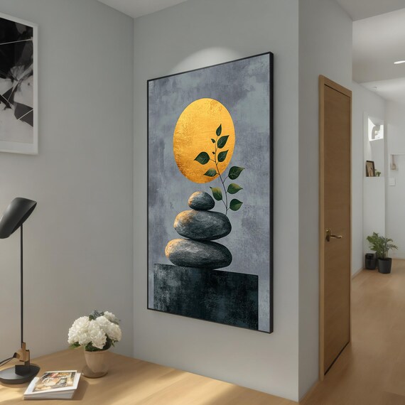 Stacked Zen Stones Gold Sun Circle Leaf Branch Minimalist Modern Nature Poster