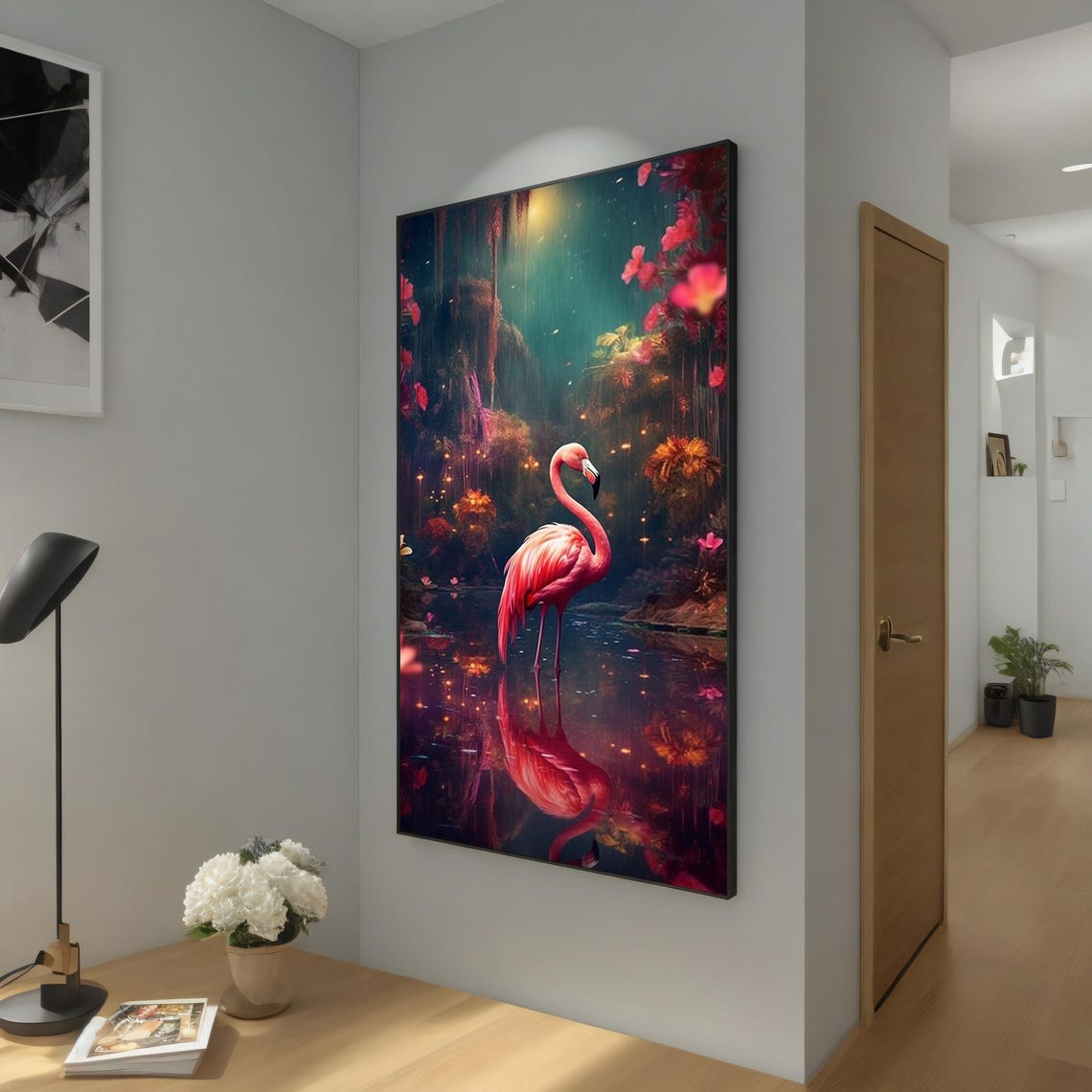 Pink Flamingo in Enchanted Forest Pond Reflection Magical Art Poster