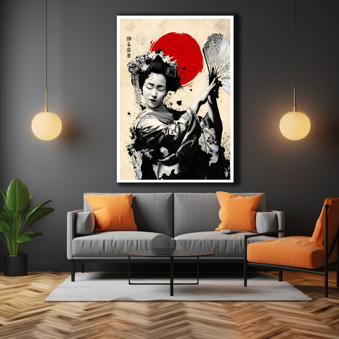 Graceful Dancing Geisha With Fan Red Sun Japanese Ink Art Print - Image 3