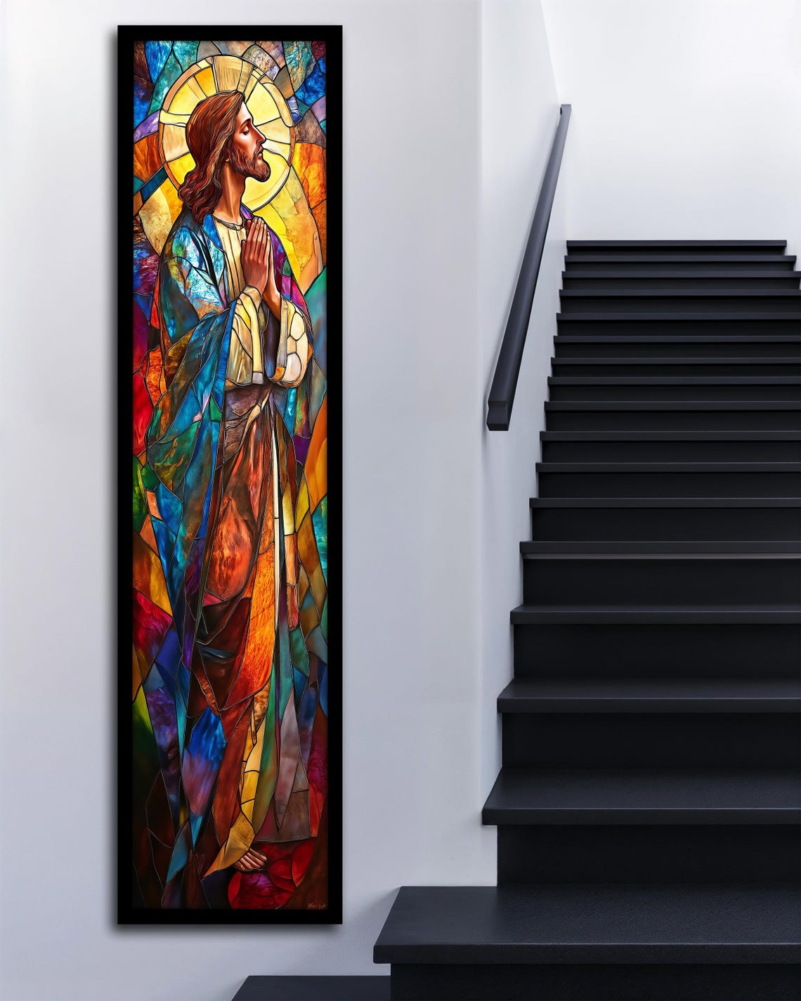 Jesus Praying Stained Glass Mosaic Colorful Vertical Religious Poster - Image 3