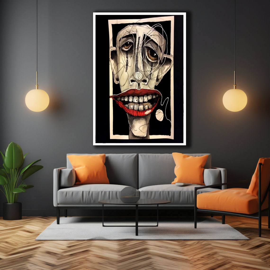 Abstract Expressionist Face Red Lips Ink Line Modern Art Poster - Image 3