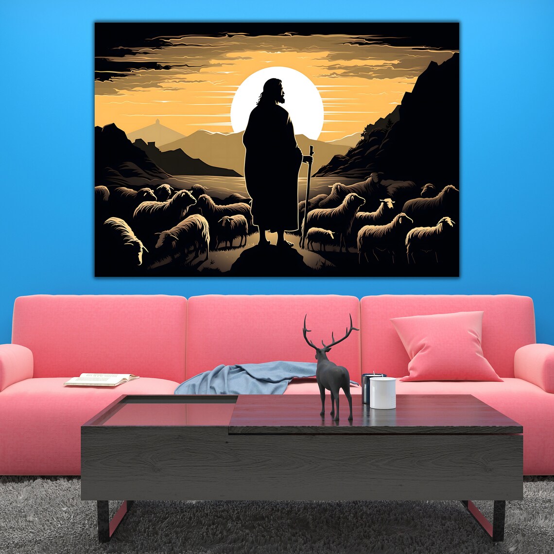 Jesus Good Shepherd Lambs Golden Sunset Silhouette Christian Art Poster - Image 2