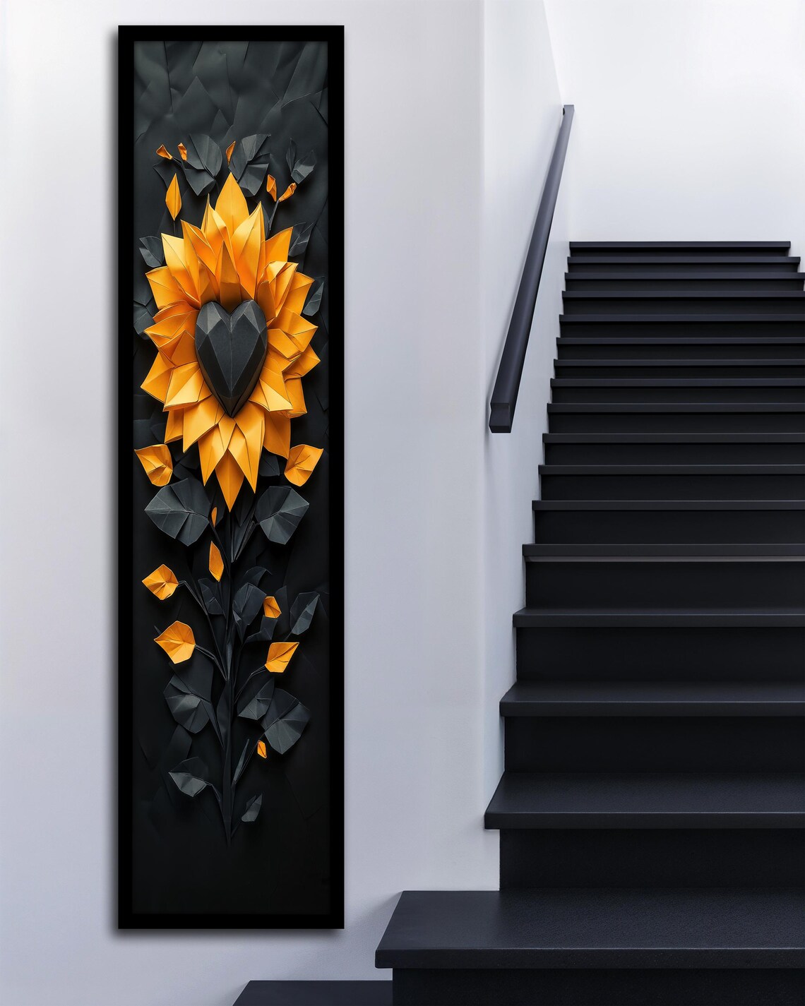 Orange Paper Flower Black Heart 3D Paper Craft Tall Narrow Wall Poster - Image 3