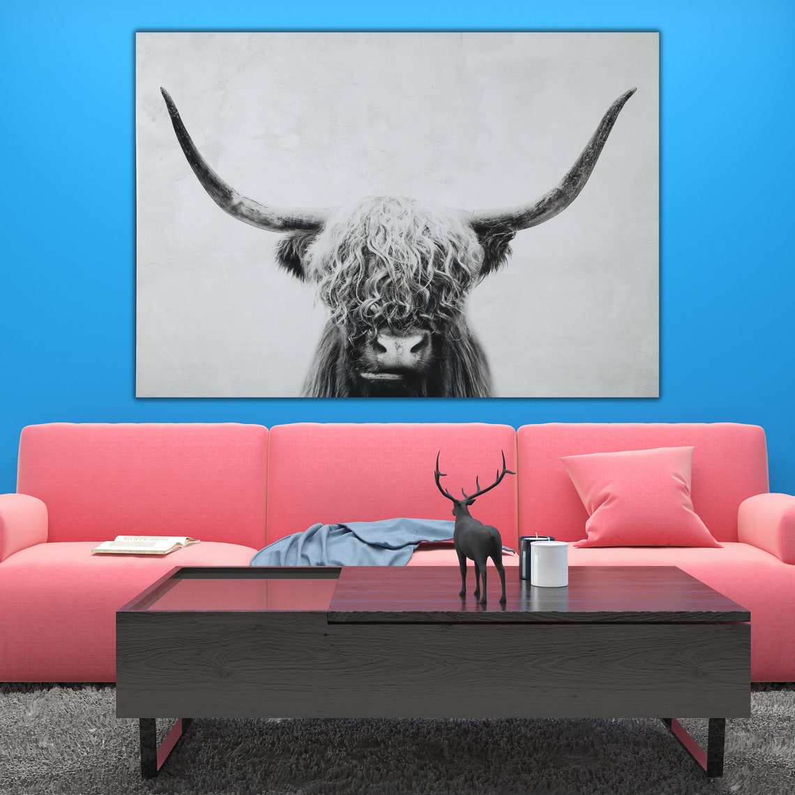Highland Cow Black And White Shaggy Longhorn Minimalist Farm Poster - Image 2