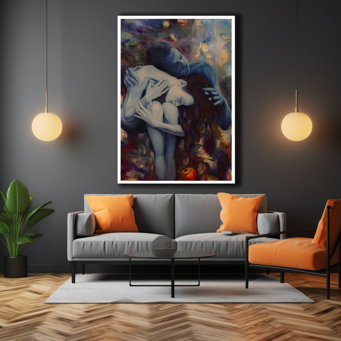 Tender Embrace Romantic Couple Painting Blue Violet Lovers Wall Art - Image 3
