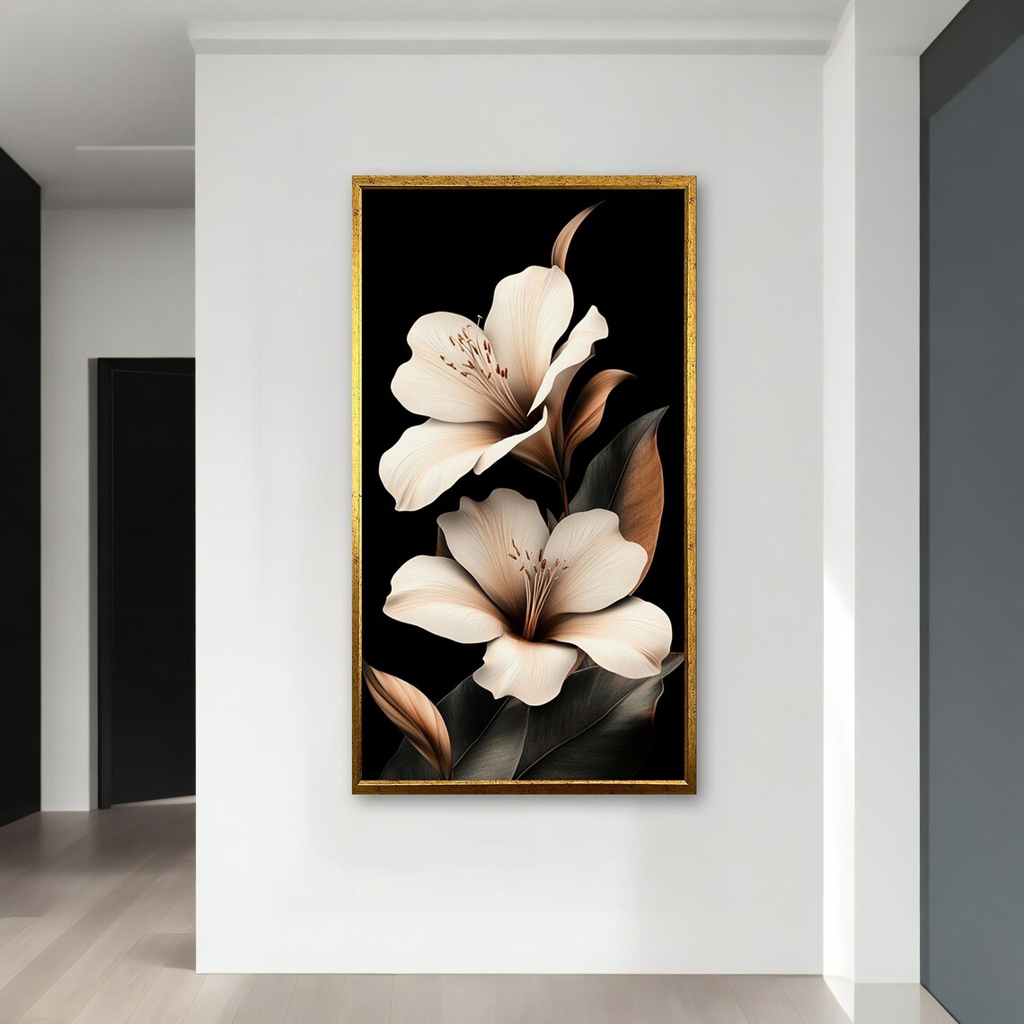 Elegant Beige Flowers On Black Minimalist Botanical Floral Art Poster - Image 4