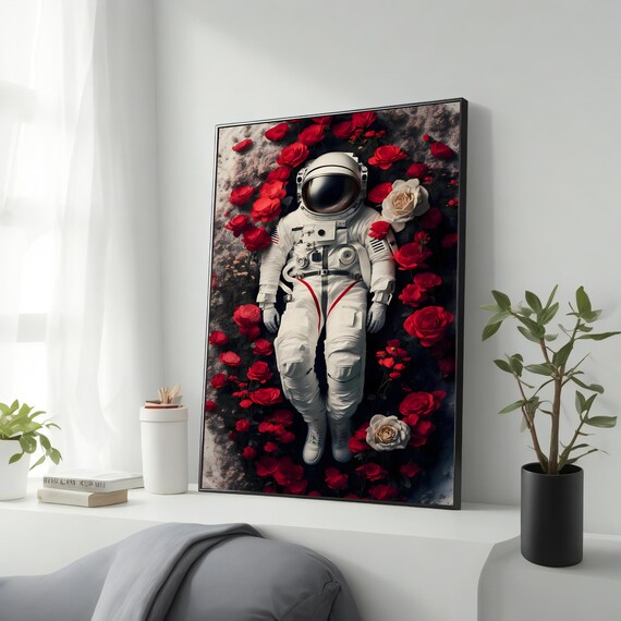 Astronaut Among Red Roses Surreal Space Floral Cosmic Art Poster
