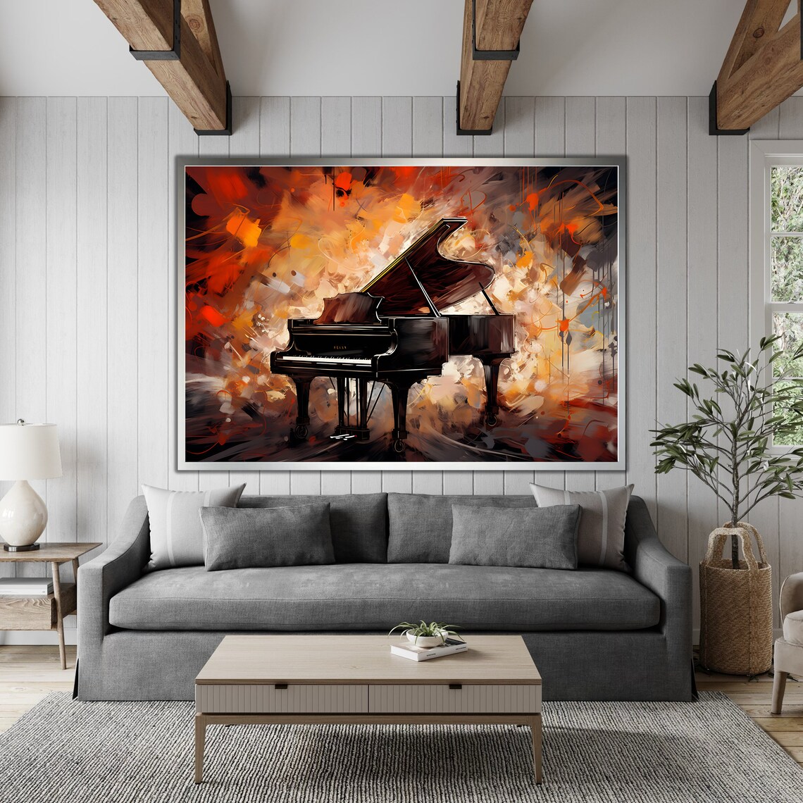 Black Grand Piano Abstract Painting Orange Music Room Wall Art - Image 3