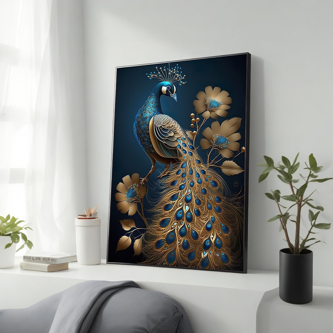 Golden Blue Peacock With Gold Flowers Dark Elegant Art Poster