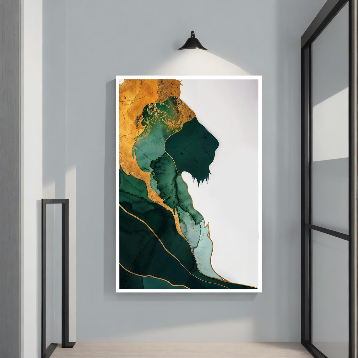 Lion Silhouette Green Gold Marble Ink Abstract Wildlife Poster - Image 2