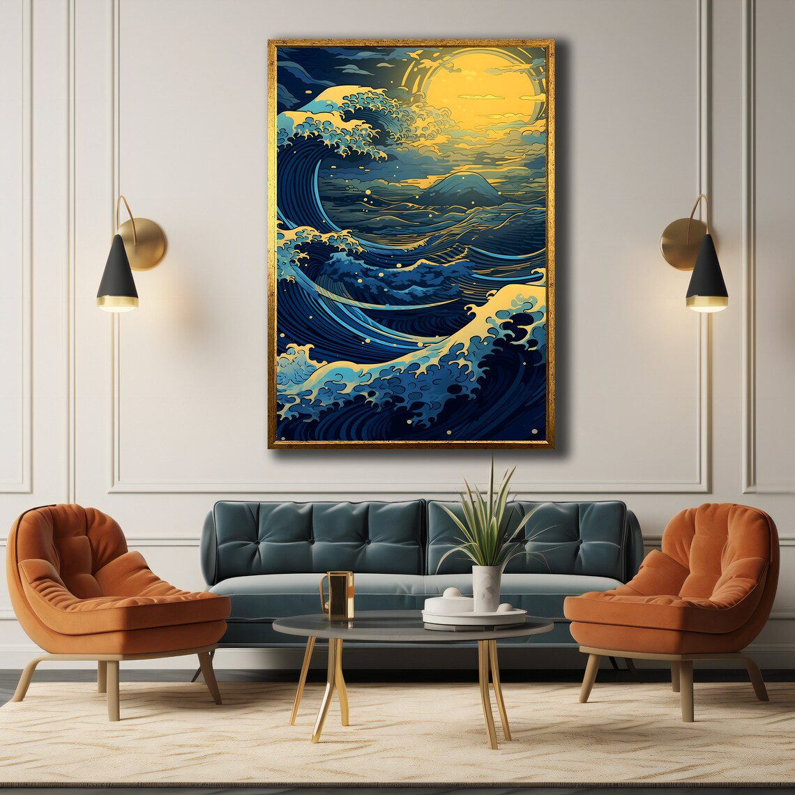 Golden Great Wave Moon Japanese Ocean Swirls Hokusai Style Art Poster - Image 3