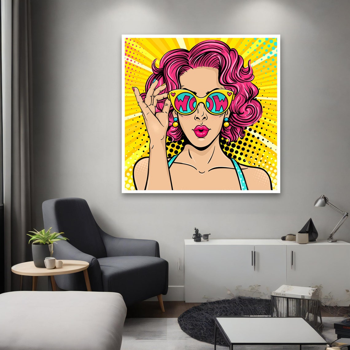 Pop Art Woman Pink Hair WOW Sunglasses Retro Comic Style Wall Art - Image 2