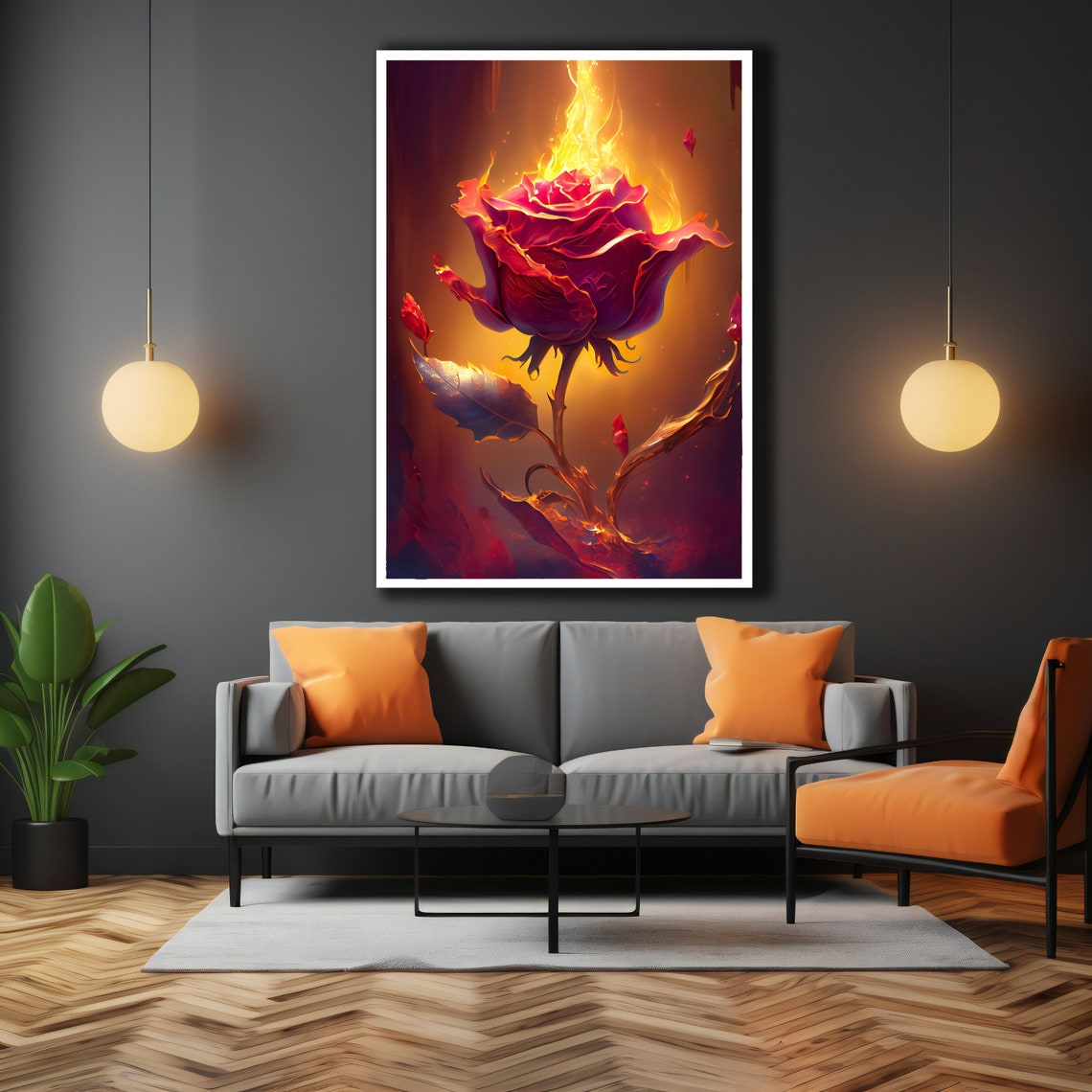 Burning Pink Rose Glowing Fire Flower Dark Romantic Floral Art Poster - Image 3