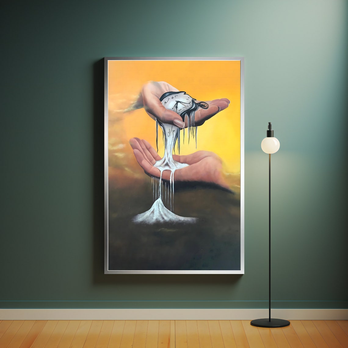 Melting Clock Held By Hands Golden Sunset Surreal Time Art Poster - Image 4