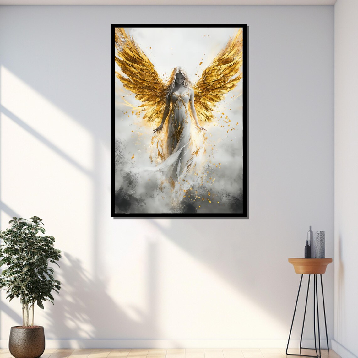 Golden Wings Guardian Angel White Dress Majestic Celestial Art Poster - Image 3