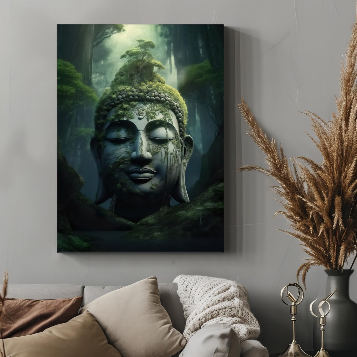 Moss Covered Buddha Head Stone Statue In Misty Forest Zen Wall Art - Image 4
