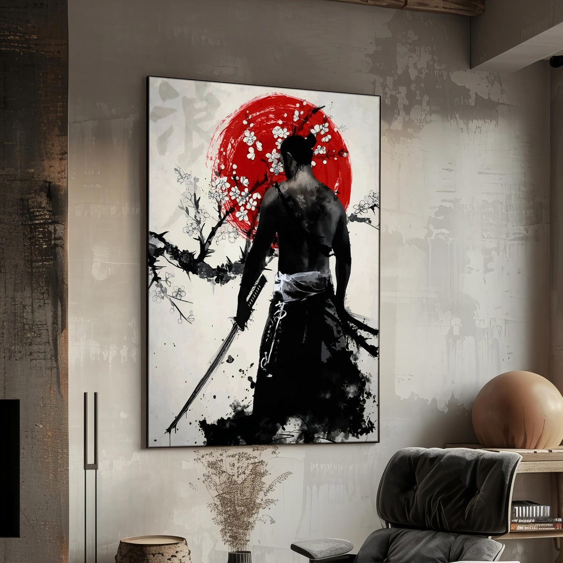 Samurai Silhouette Red Sun Cherry Blossom Japanese Ink Art Poster