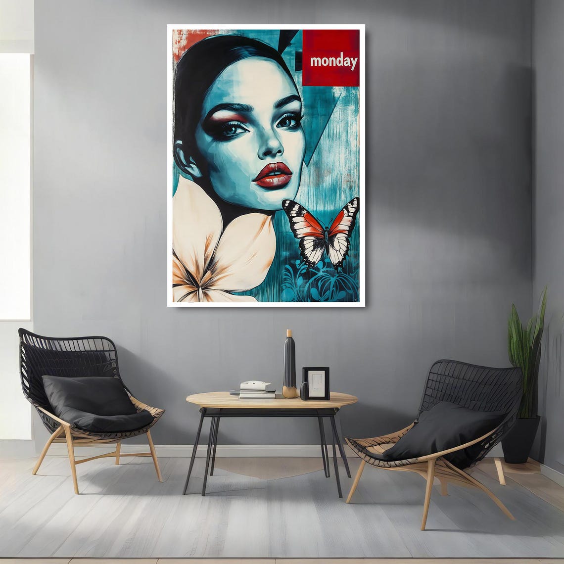 Pop Art Woman Butterfly Monday Teal Portrait Modern Wall Poster - Image 2
