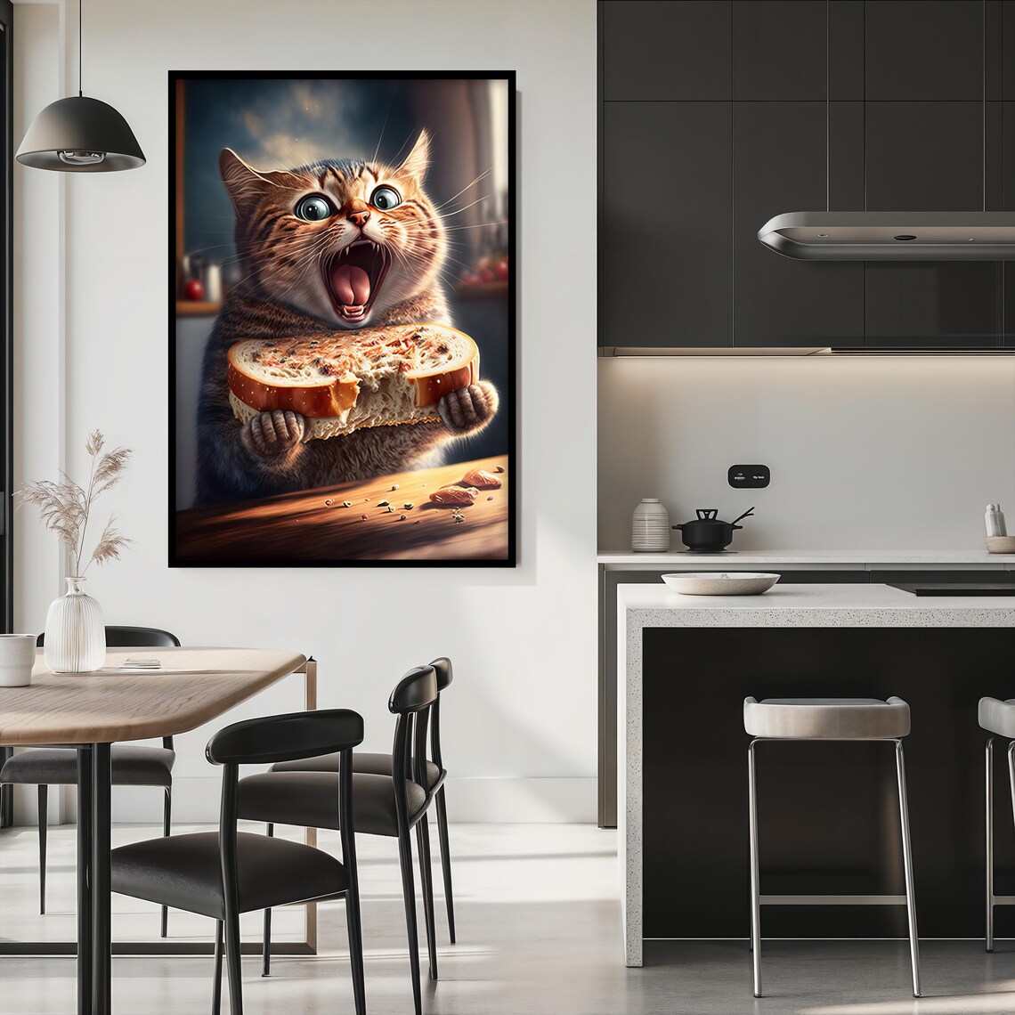 Funny Cat Eating Bread Toast Happy Tabby Quirky Kitchen Wall Art Poster - Image 2