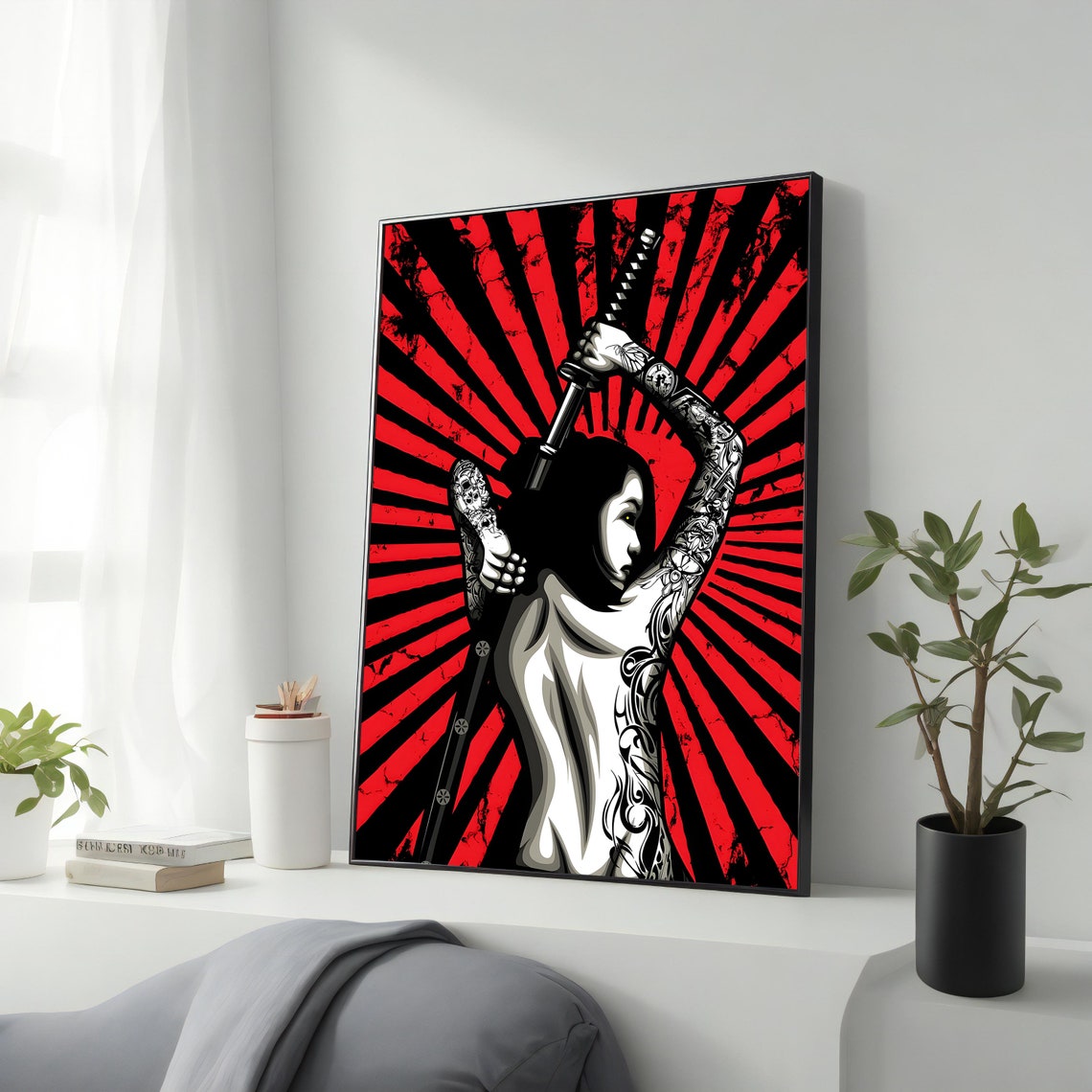 Japanese Samurai Girl With Katana Red Rising Sun Tattoo Art Print