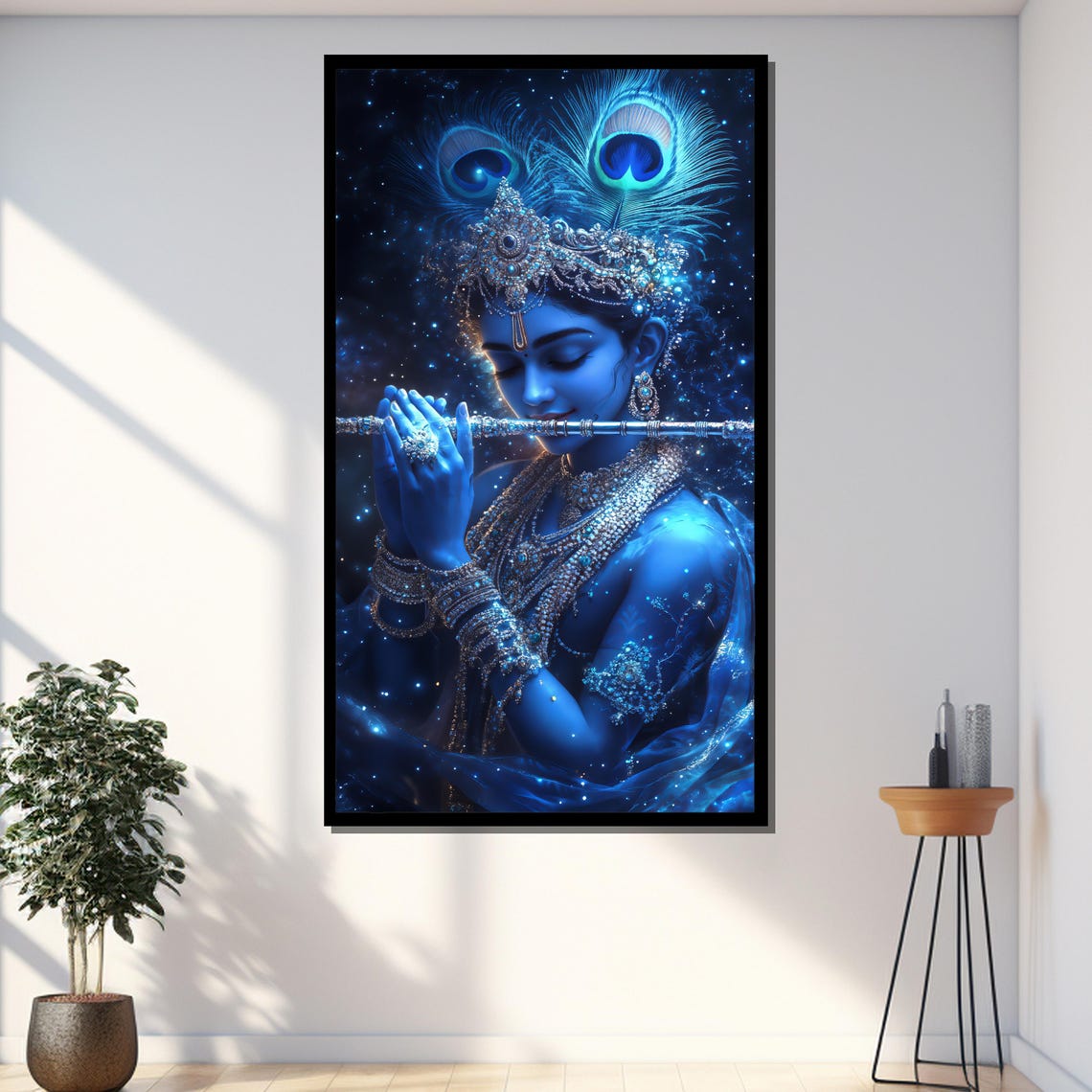 Lord Krishna Playing Flute Cosmic Night Peacock Feather Art Print - Image 3